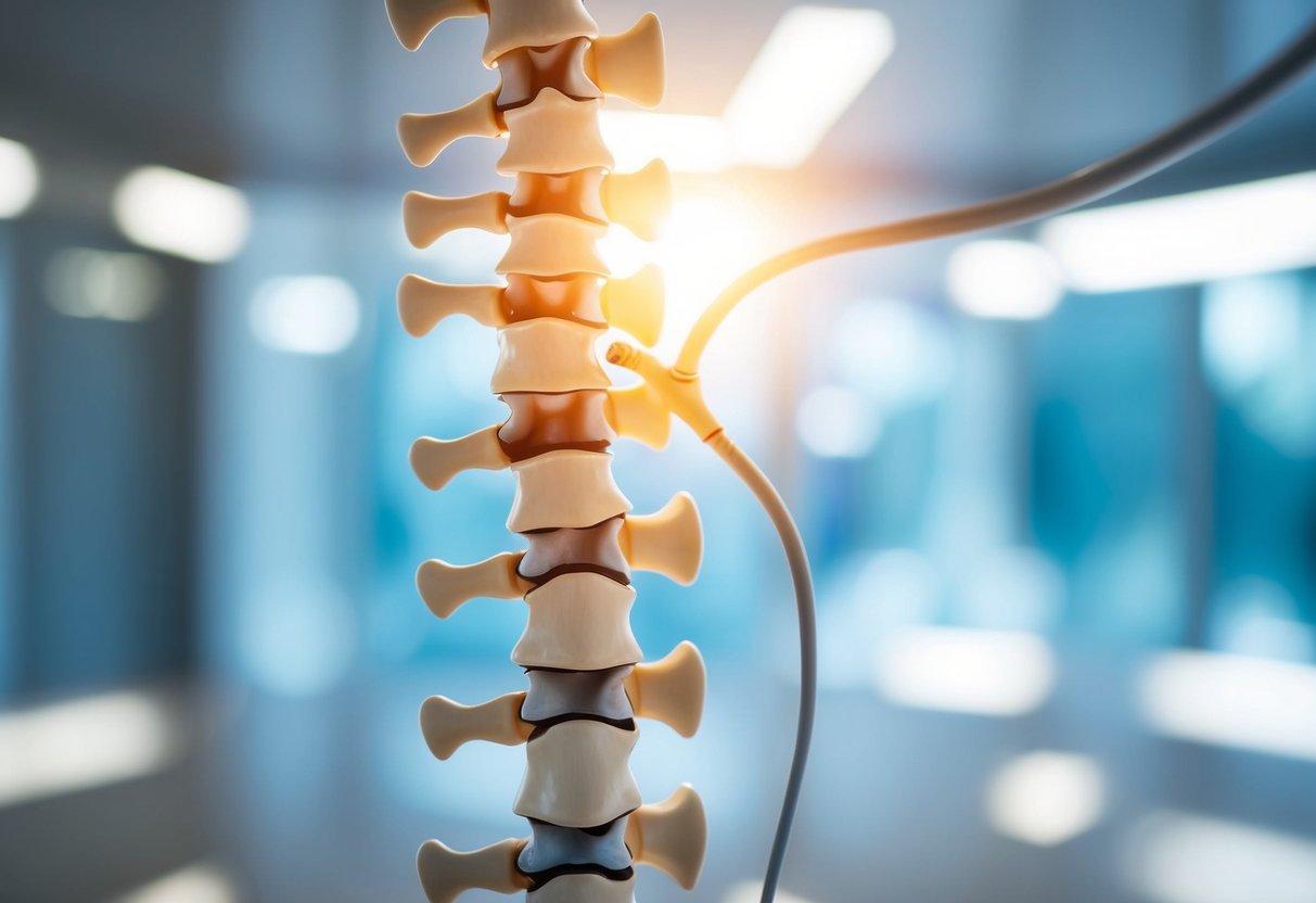 A cross-section of a spinal column with a bulging disc pressing on a nerve, causing pain