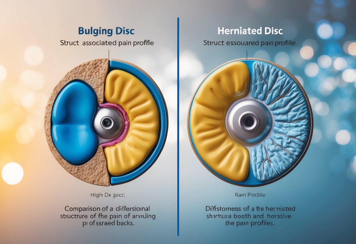 A side-by-side comparison of a bulging disc and a herniated disc, showing the differences in structure and the associated pain profiles