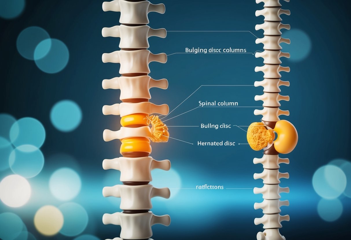 A detailed illustration of a spinal column with a bulging disc and a herniated disc, highlighting the causes and risk factors for disc problems