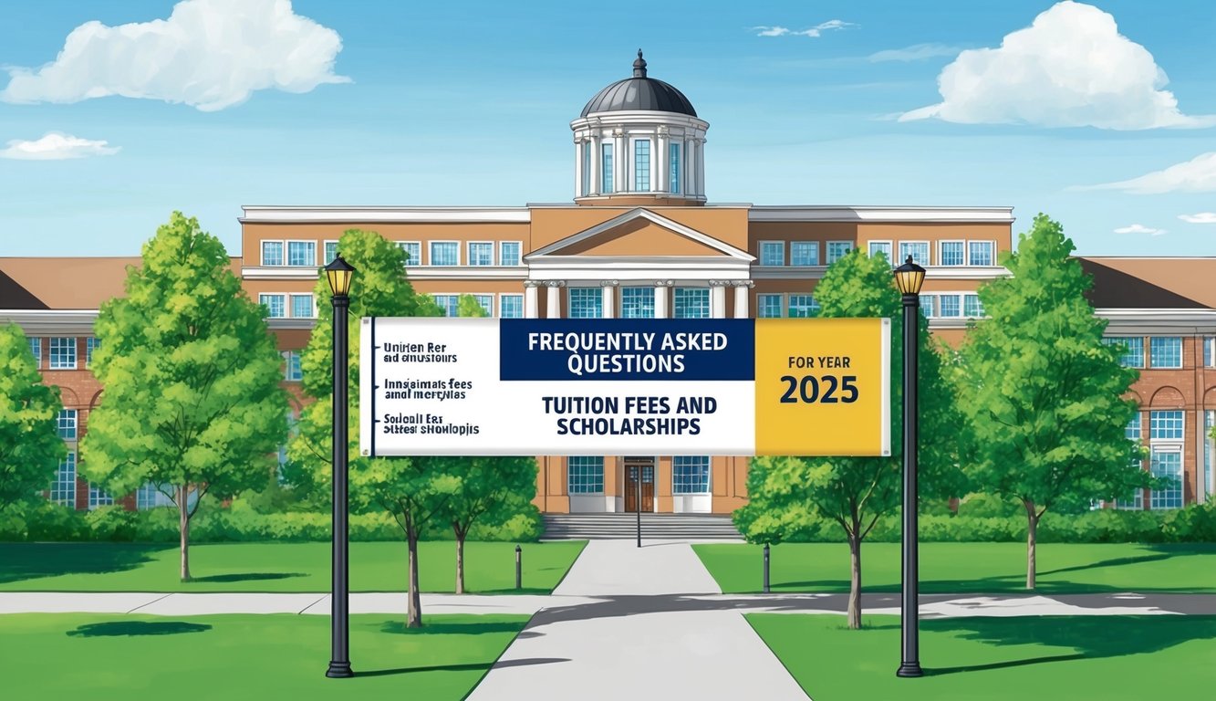 2025 yılı için öğrenim ücretleri ve burslar hakkında "Sıkça Sorulan Sorular" yazılı bir pankart veya tabela ile merkezi bir bina ve çevresinde yeşillik bulunan bir üniversite kampüsü.