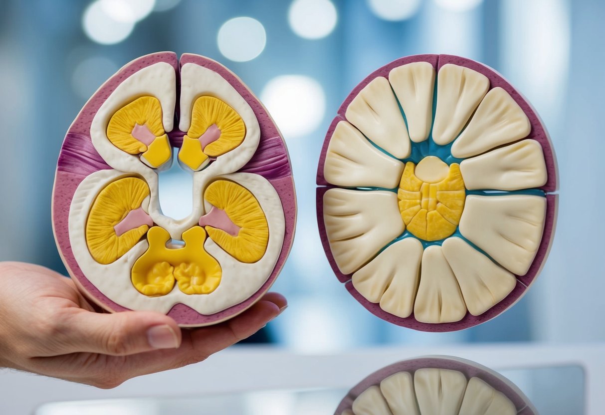 A cross-section of a healthy spinal disc compared to a bulging disc, with clear differences in structure and shape