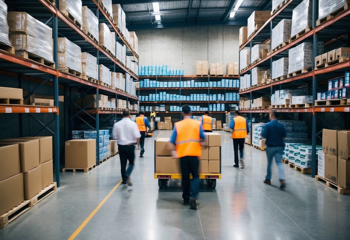 A busy warehouse with shelves stocked full of products, workers moving efficiently to fulfill orders, and delivery trucks coming and going