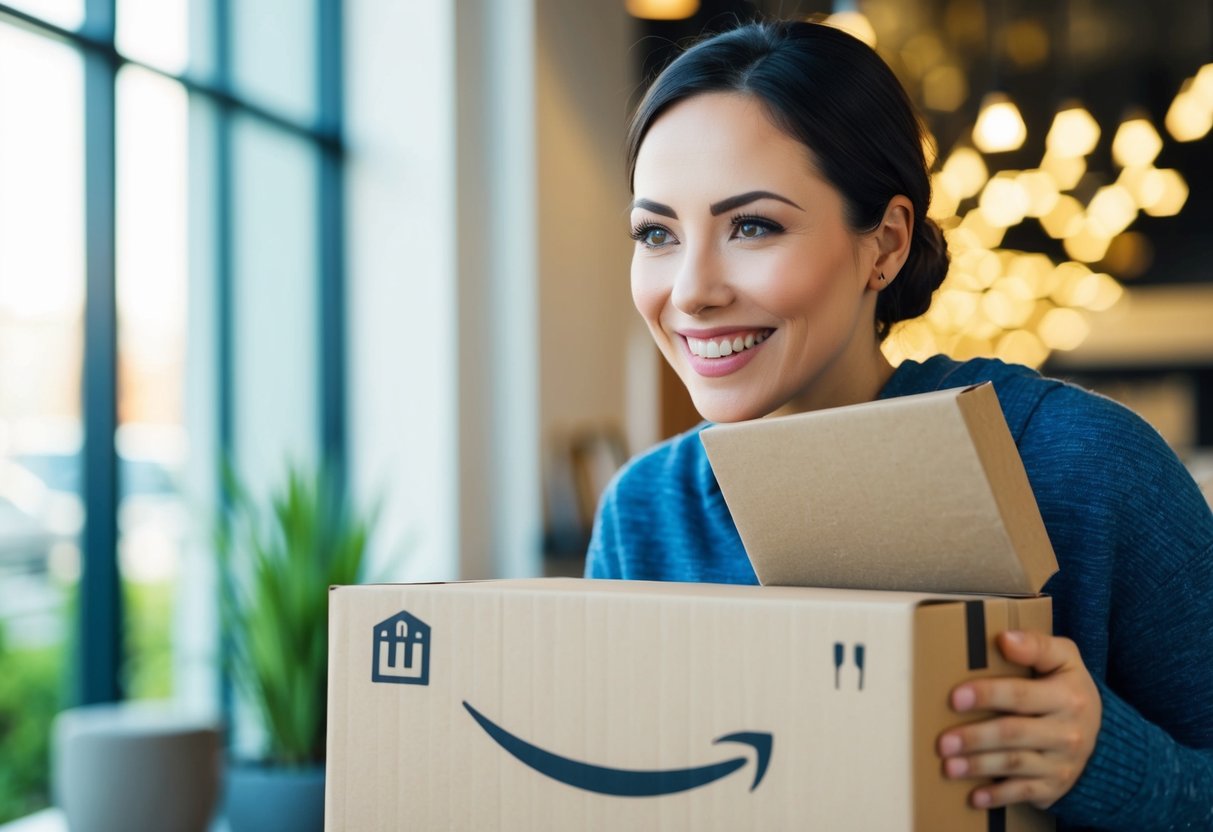 A customer receiving a package from an Amazon FBA seller, smiling with satisfaction