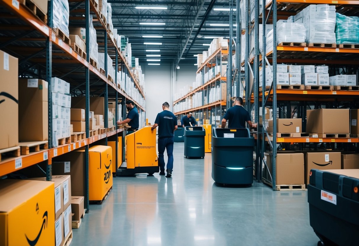 A busy Amazon fulfillment center with shelves stocked with products, workers moving inventory, and delivery trucks loading up orders