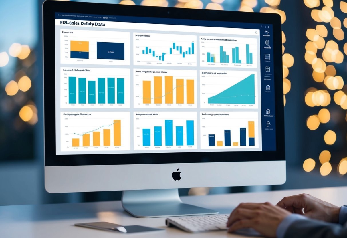 A computer screen displays detailed FBA sales data and analytics. Multiple graphs and charts show sell-through rates and other insights