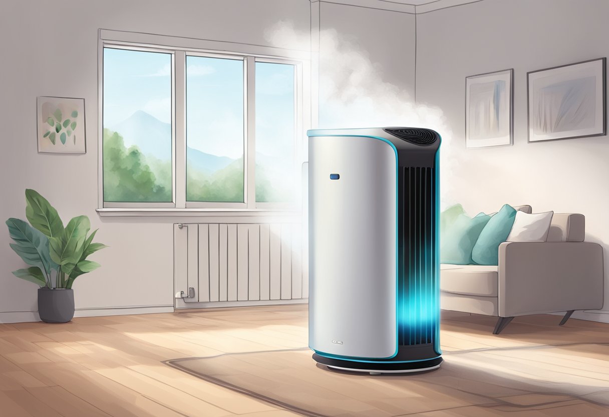 An air purifier sits in a room, drawing in air through its intake and releasing clean, purified air back into the space