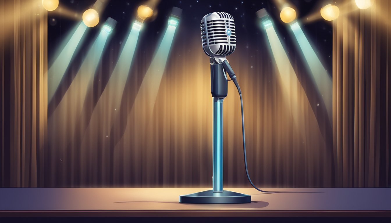 A microphone on a stage, spotlight shining, with a lone stool and a glass of water