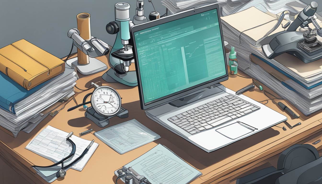 A cluttered desk with medical textbooks, a microscope, and a computer screen displaying a forensic report