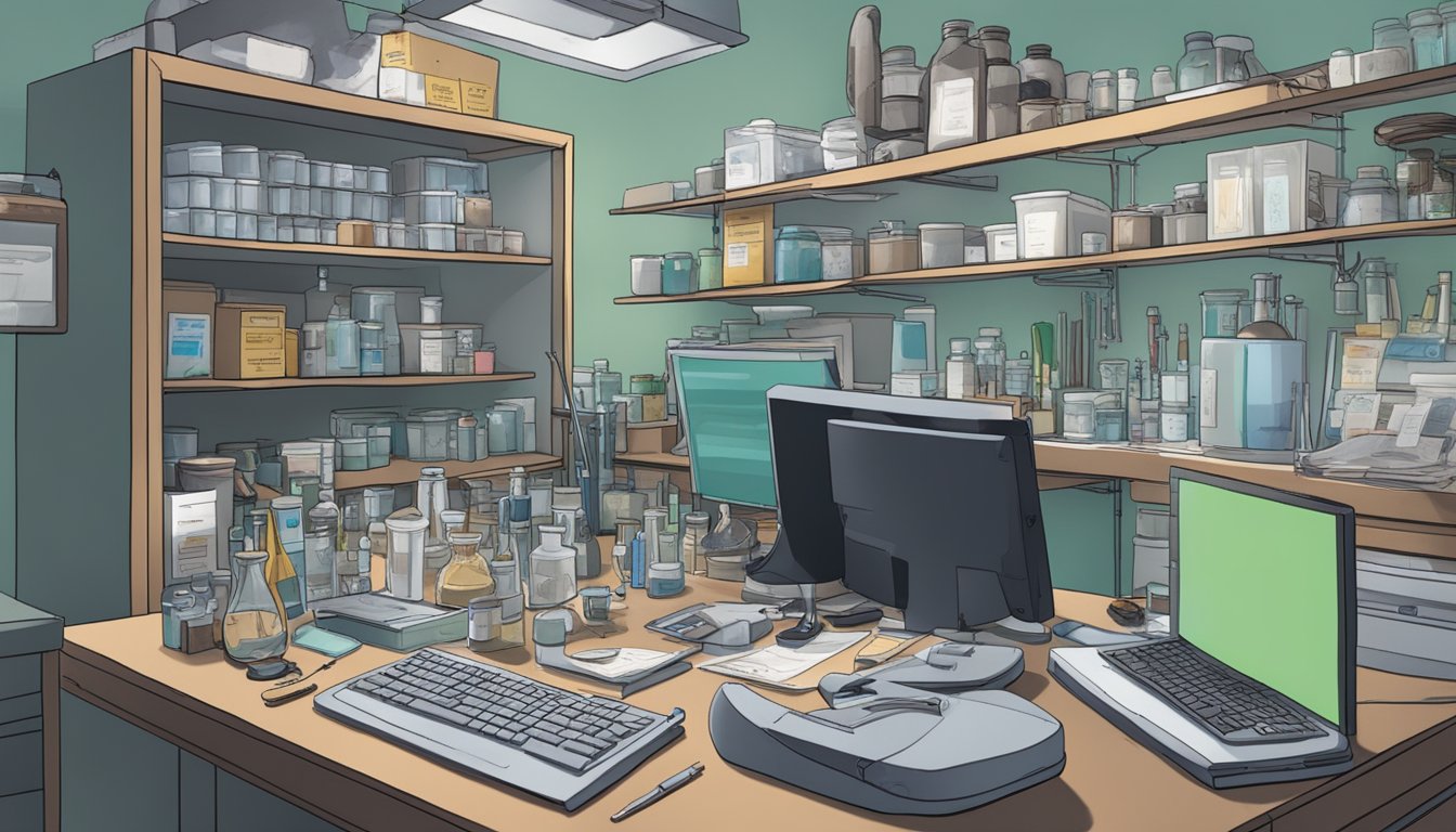 A cluttered forensic lab with shelves of evidence, autopsy tools, and a computer displaying cyril wecht's research on cause of death