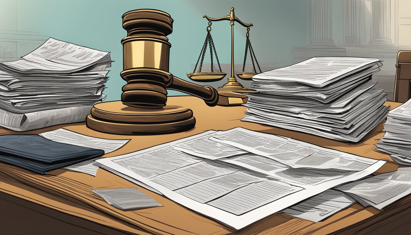 A cluttered desk with legal documents, news articles, and court transcripts. A gavel and scales of justice sit prominently in the foreground