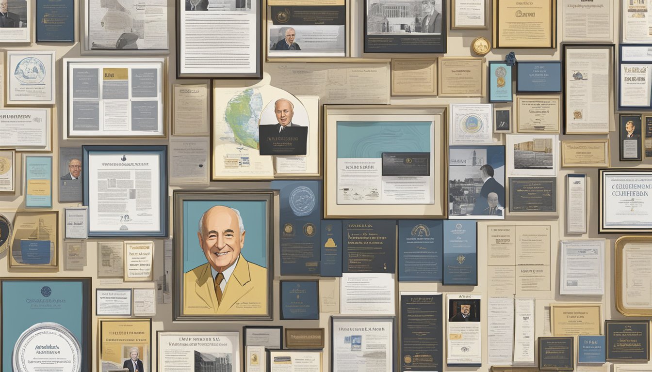 A wall of awards and certificates, with a photo of Cyril Wecht, surrounded by news clippings and accolades