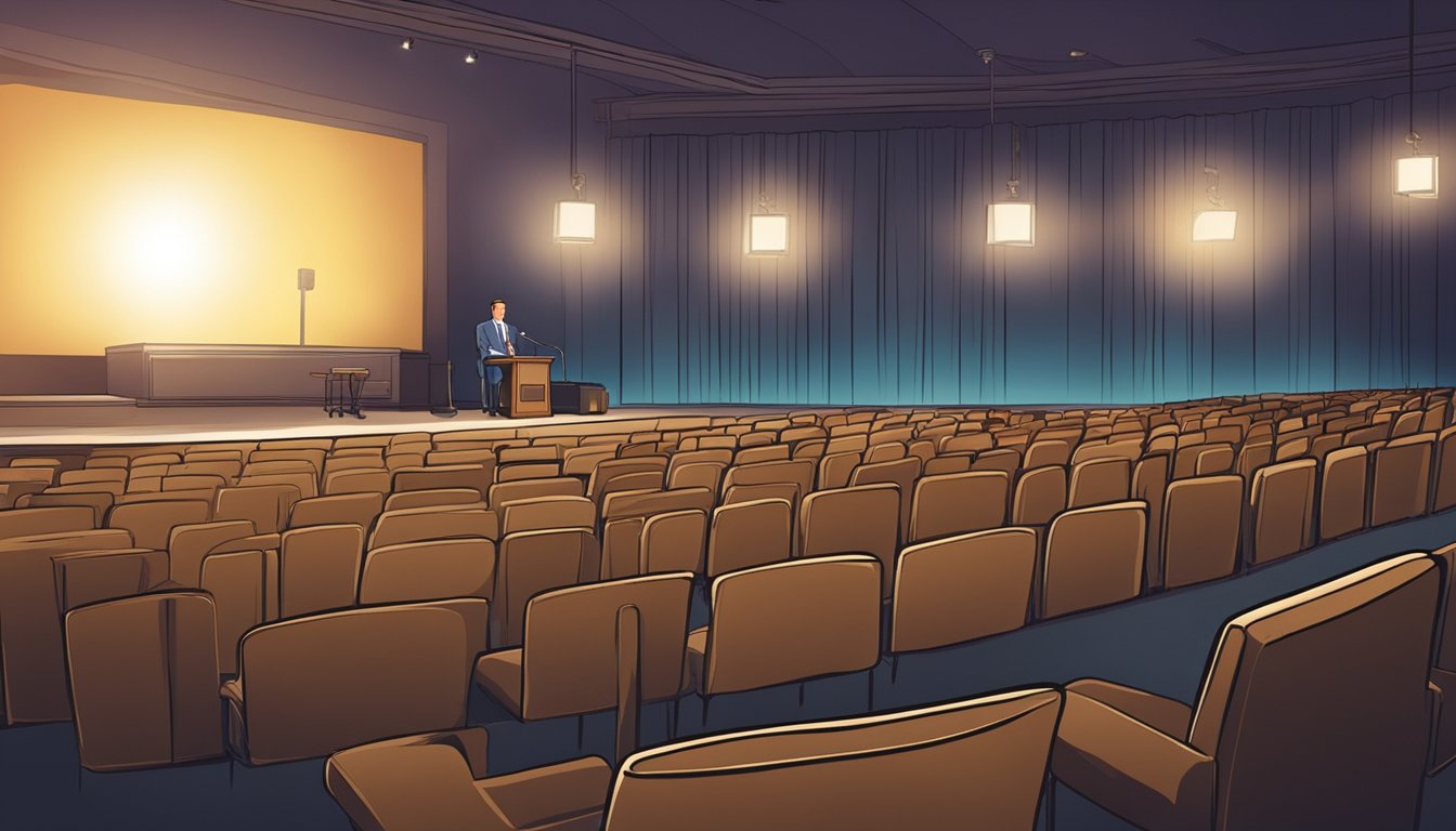 A spotlight shines on a lone microphone on a stage, surrounded by empty chairs. Laughter echoes in the air, a tribute to the impact of Bob Saget on comedy and television