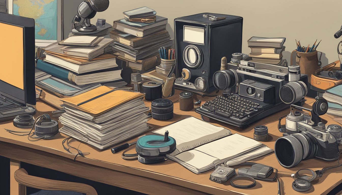 A cluttered desk with stacks of books, forensic tools, and media clippings, surrounded by vintage cameras and microphones