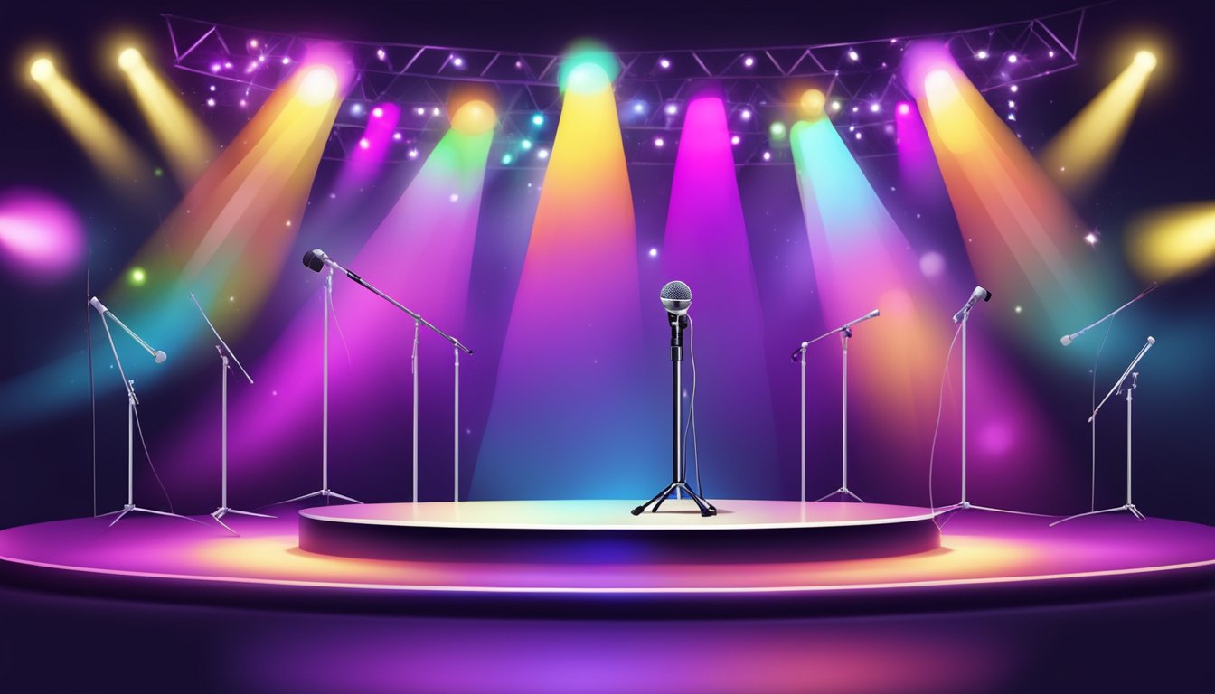 A colorful stage with disco lights and a microphone stand