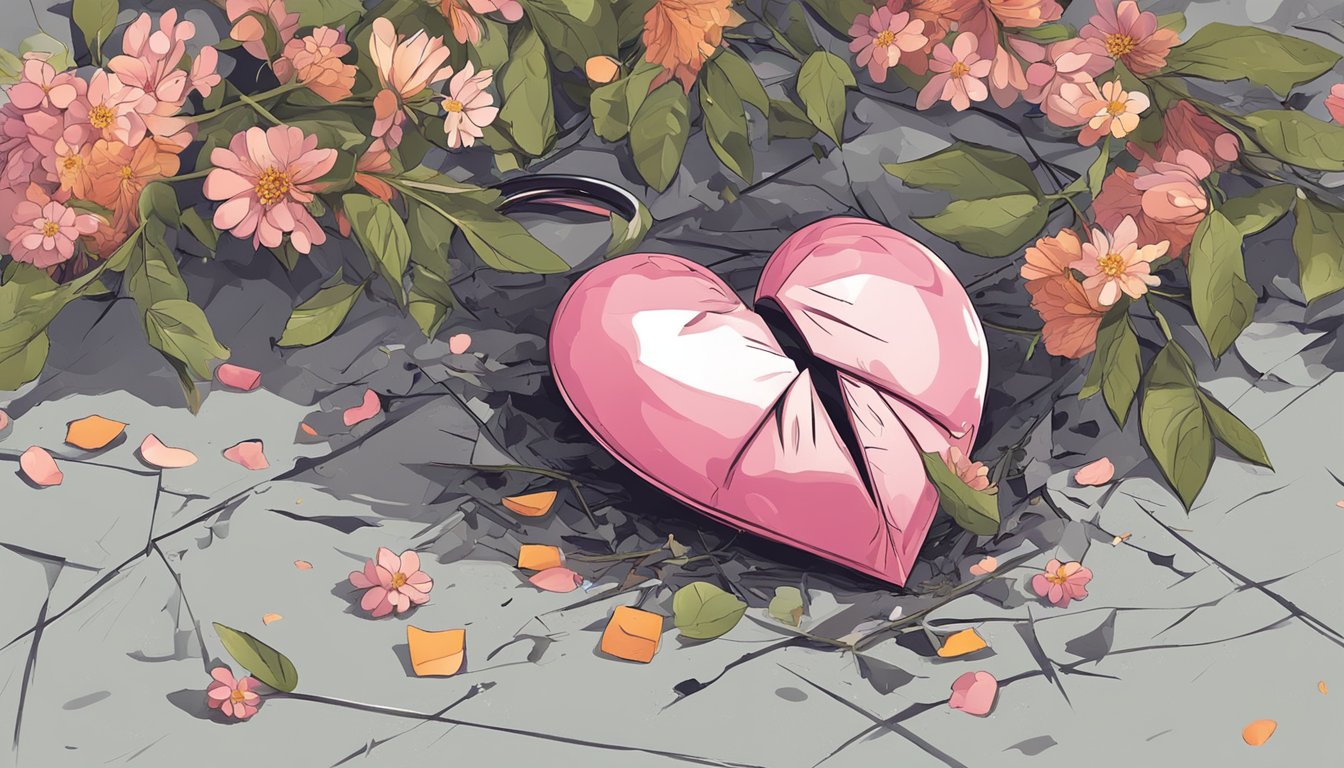 A broken heart lies shattered on the ground, surrounded by wilted flowers and a discarded wedding ring