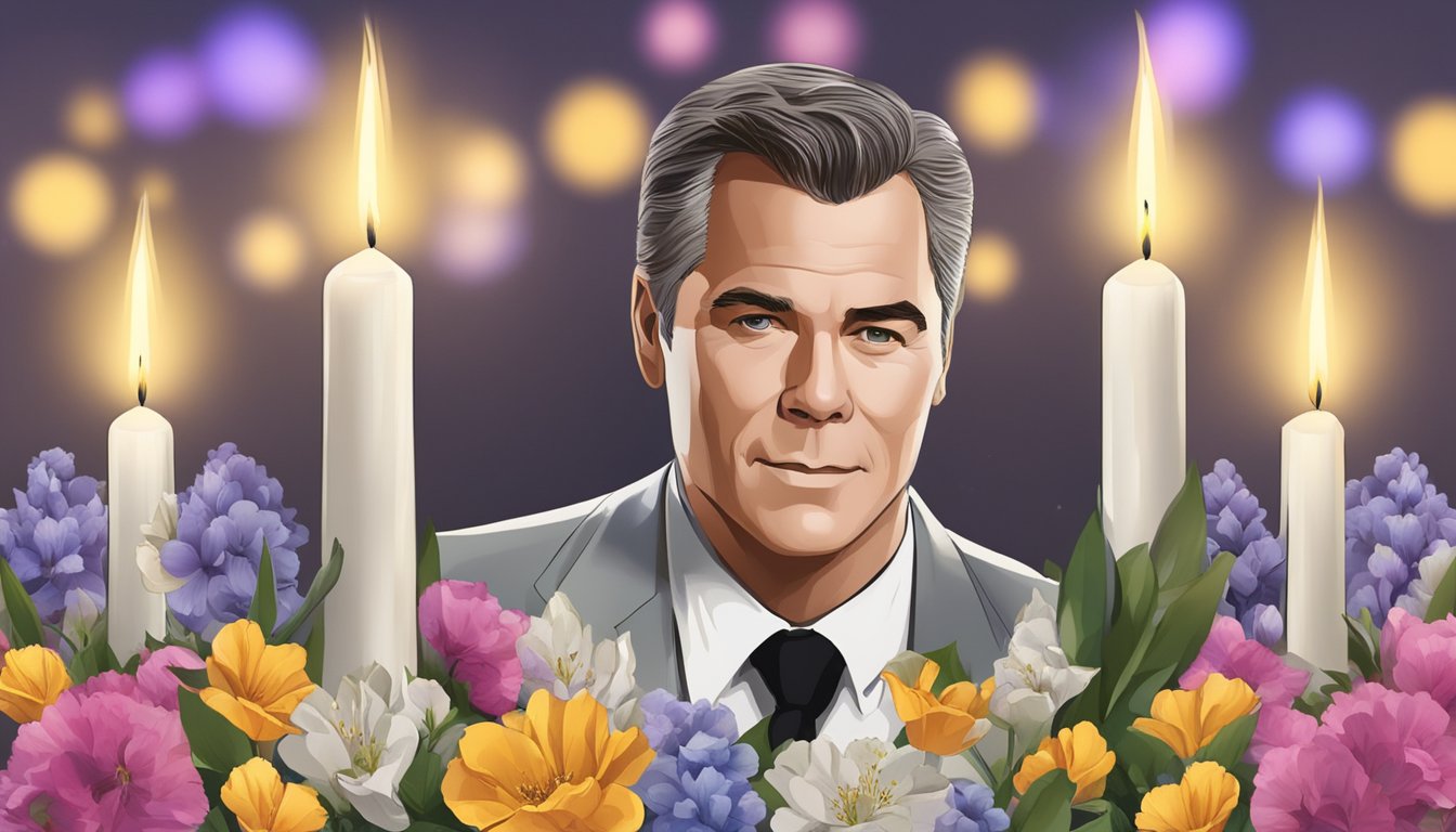 A candle-lit memorial with flowers and photos of Ray Liotta