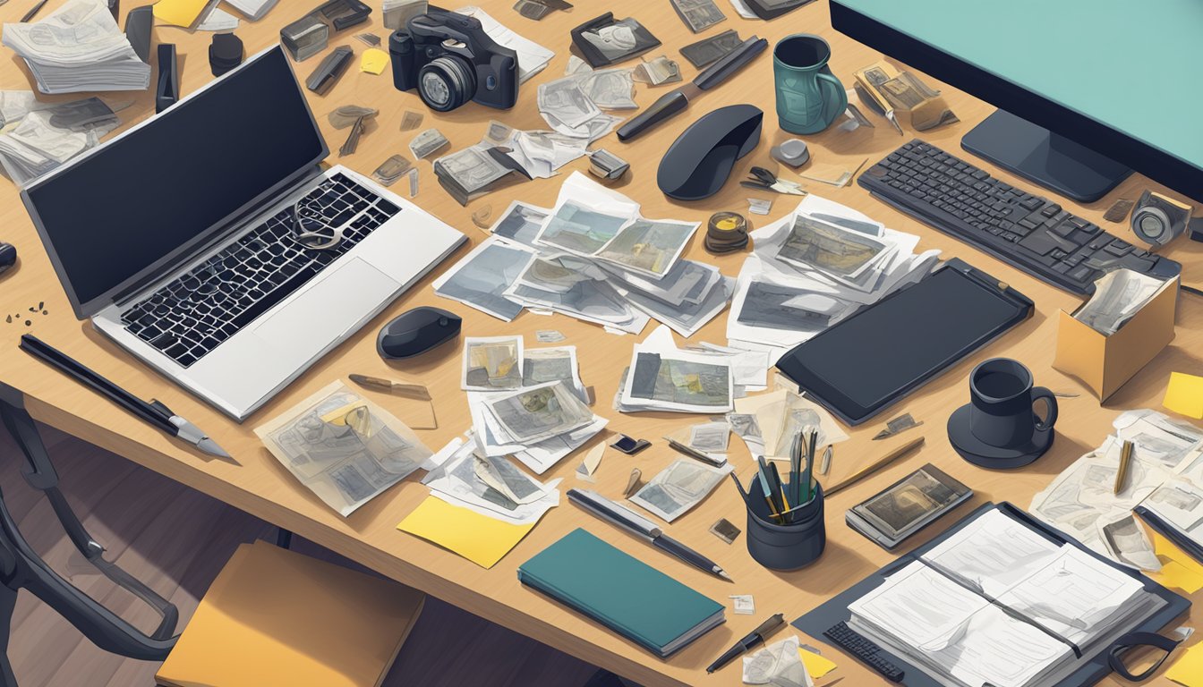 A cluttered desk with scattered crime scene photos and forensic tools