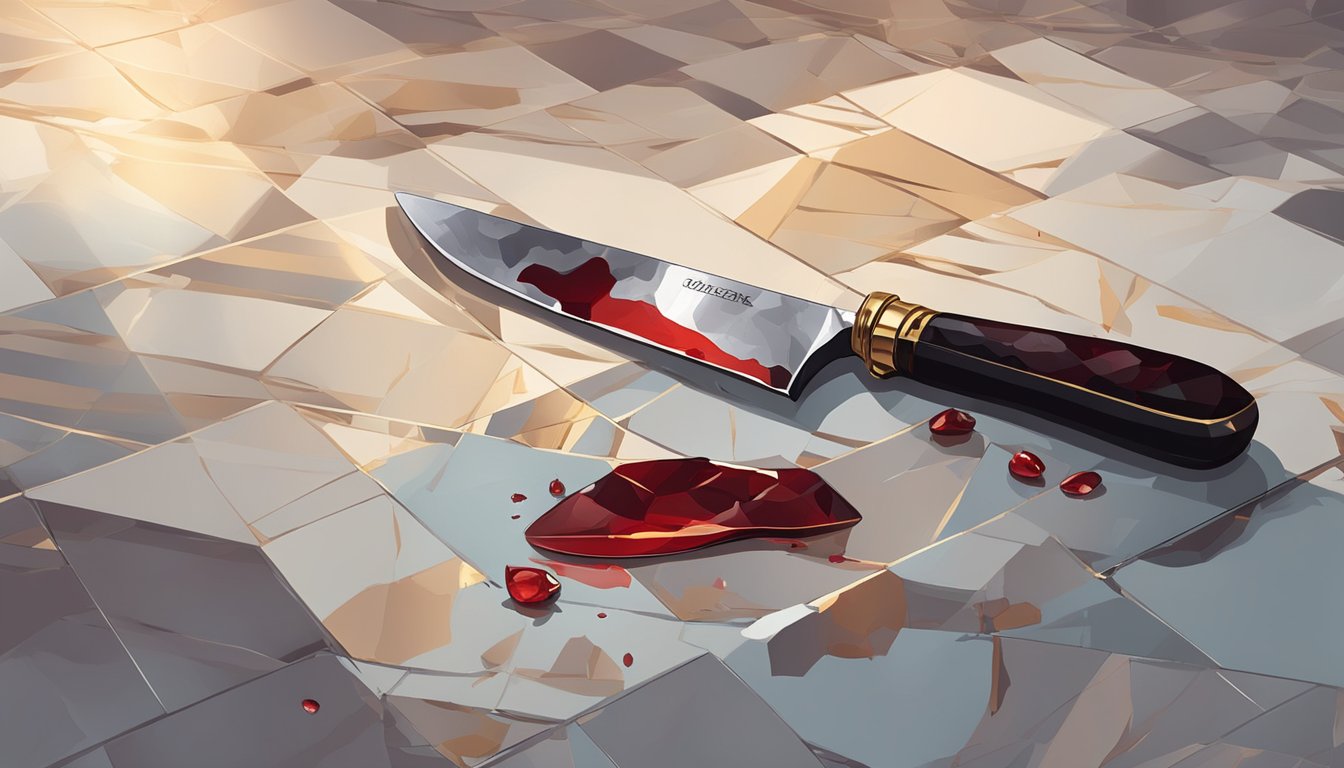 A blood-stained knife lies next to a shattered wine glass on the elegant marble floor of a dimly lit, opulent mansion