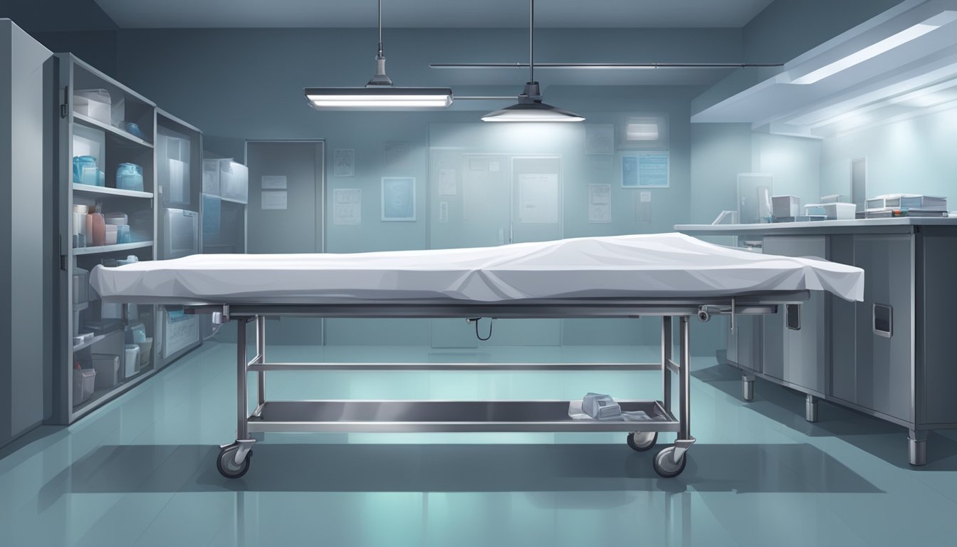 A dimly lit morgue with stainless steel tables and medical equipment. A body covered by a white sheet lies still, surrounded by forensic tools and evidence bags