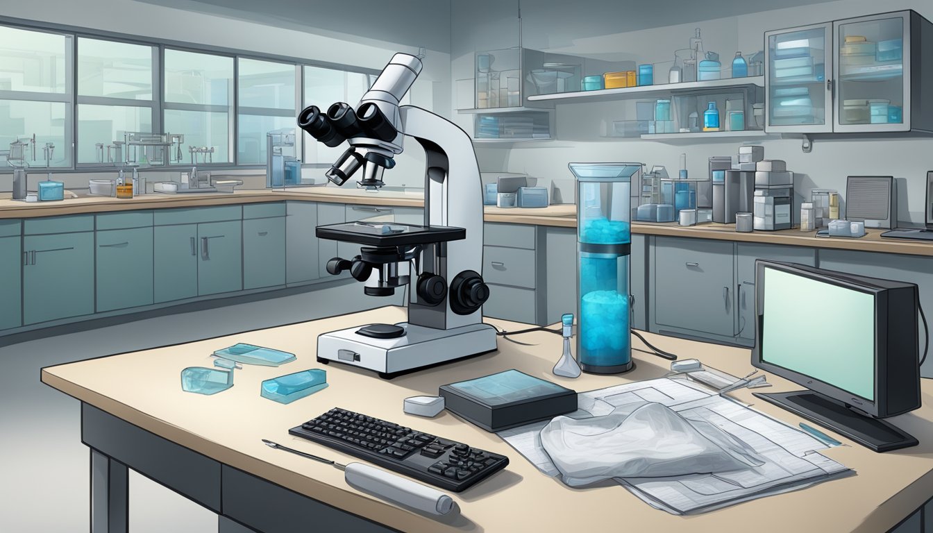 A sterile lab with forensic tools and evidence bags, a microscope, and a computer displaying autopsy results