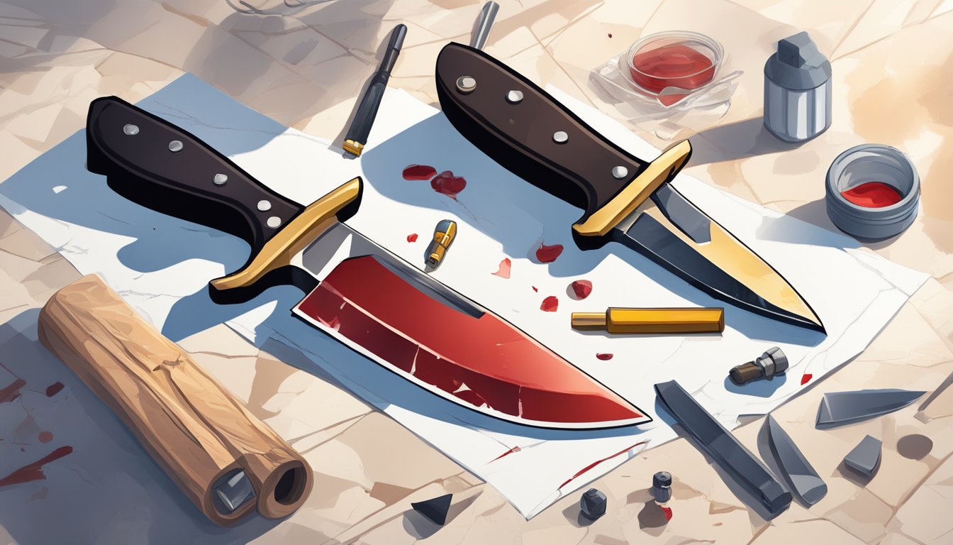 A blood-stained knife lies on a marble table, surrounded by forensic tools and evidence markers. A shadow looms over the crime scene