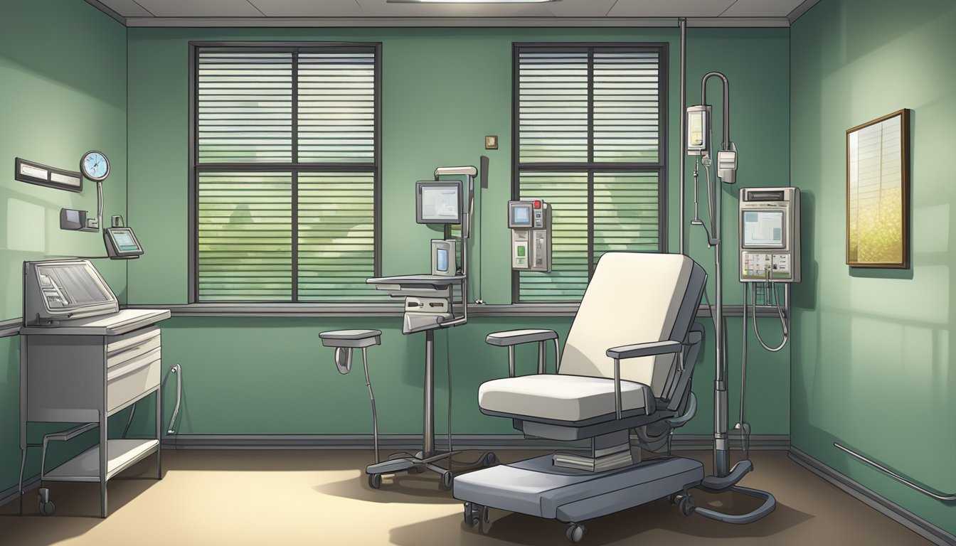 Hospital room with medical equipment, empty chair, and a somber atmosphere