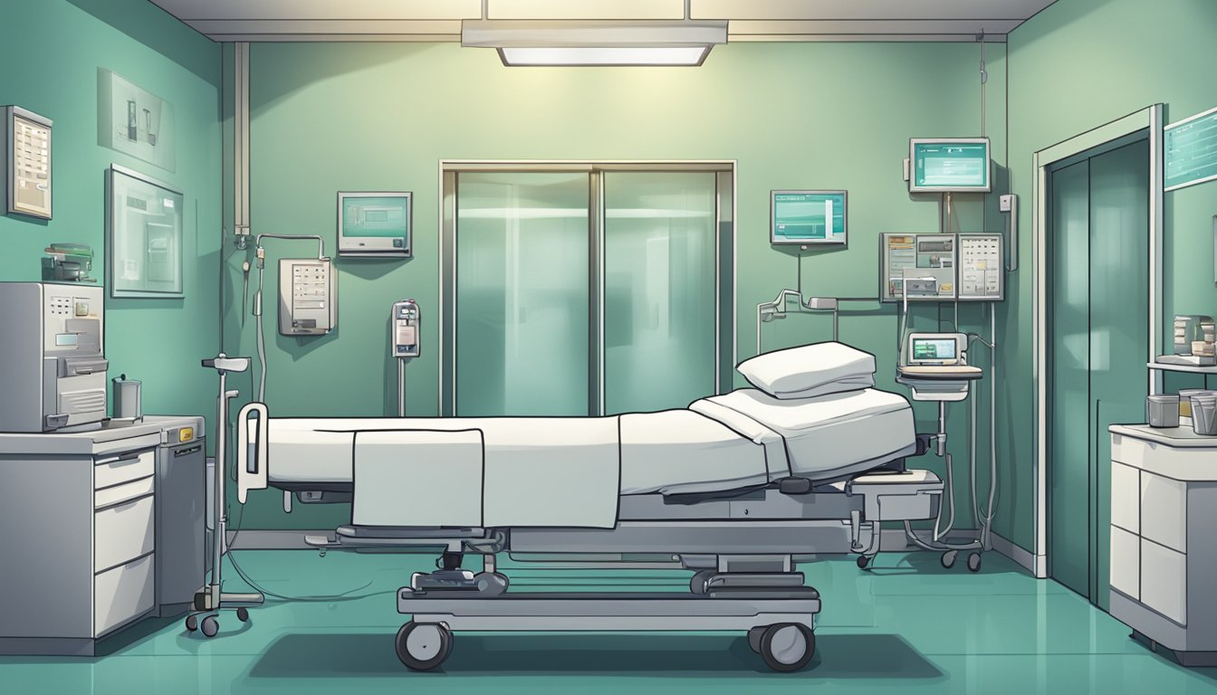 A hospital room with a single bed, surrounded by medical equipment and a somber atmosphere