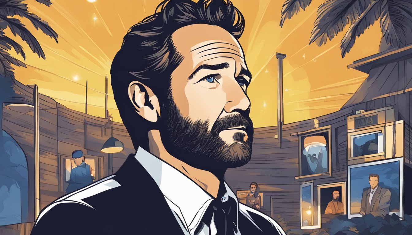 A spotlight illuminates a collection of iconic symbols representing Luke Perry's career achievements, surrounded by a somber atmosphere