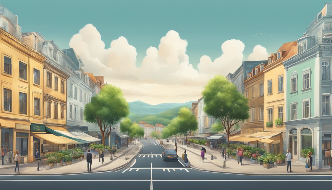 A split image of a bustling city street on one side and a serene countryside on the other, symbolizing the contrast between public and private life