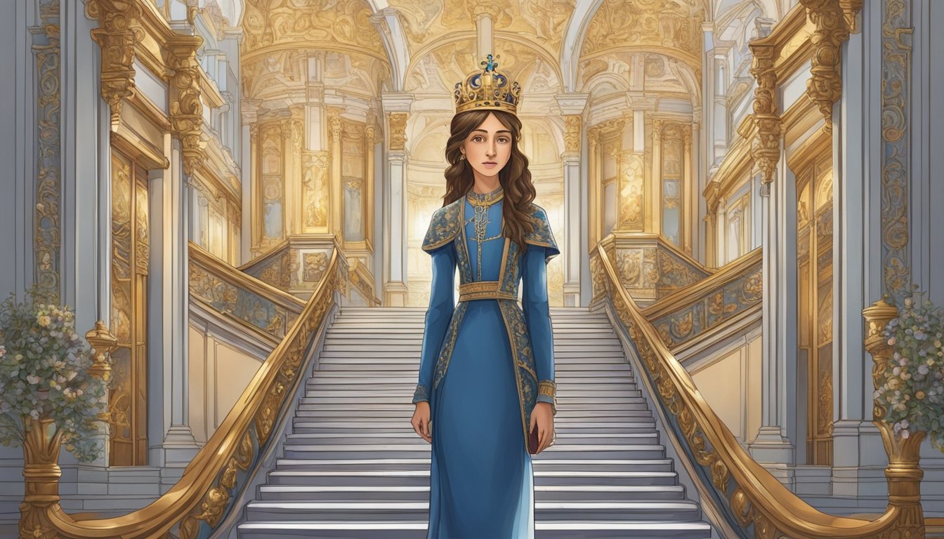 A young girl surrounded by regal symbols and a crown, ascending a grand staircase