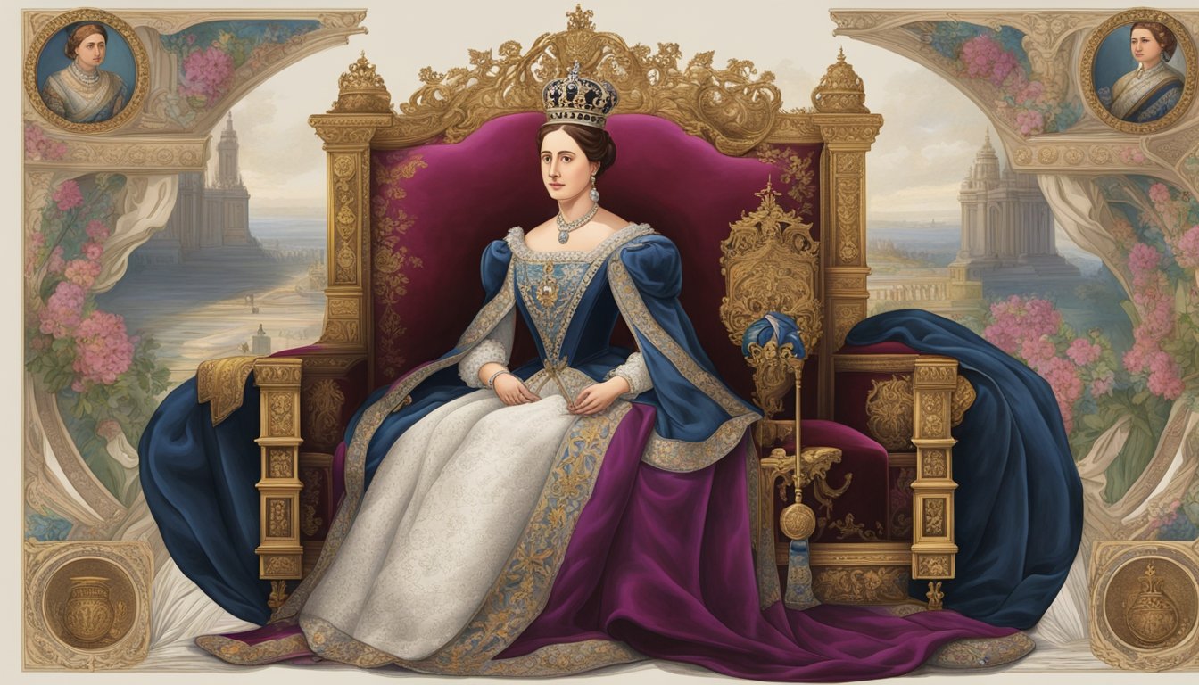 The grandeur of Queen Victoria's reign is depicted through a regal crown resting on a velvet cushion, surrounded by symbols of her legacy