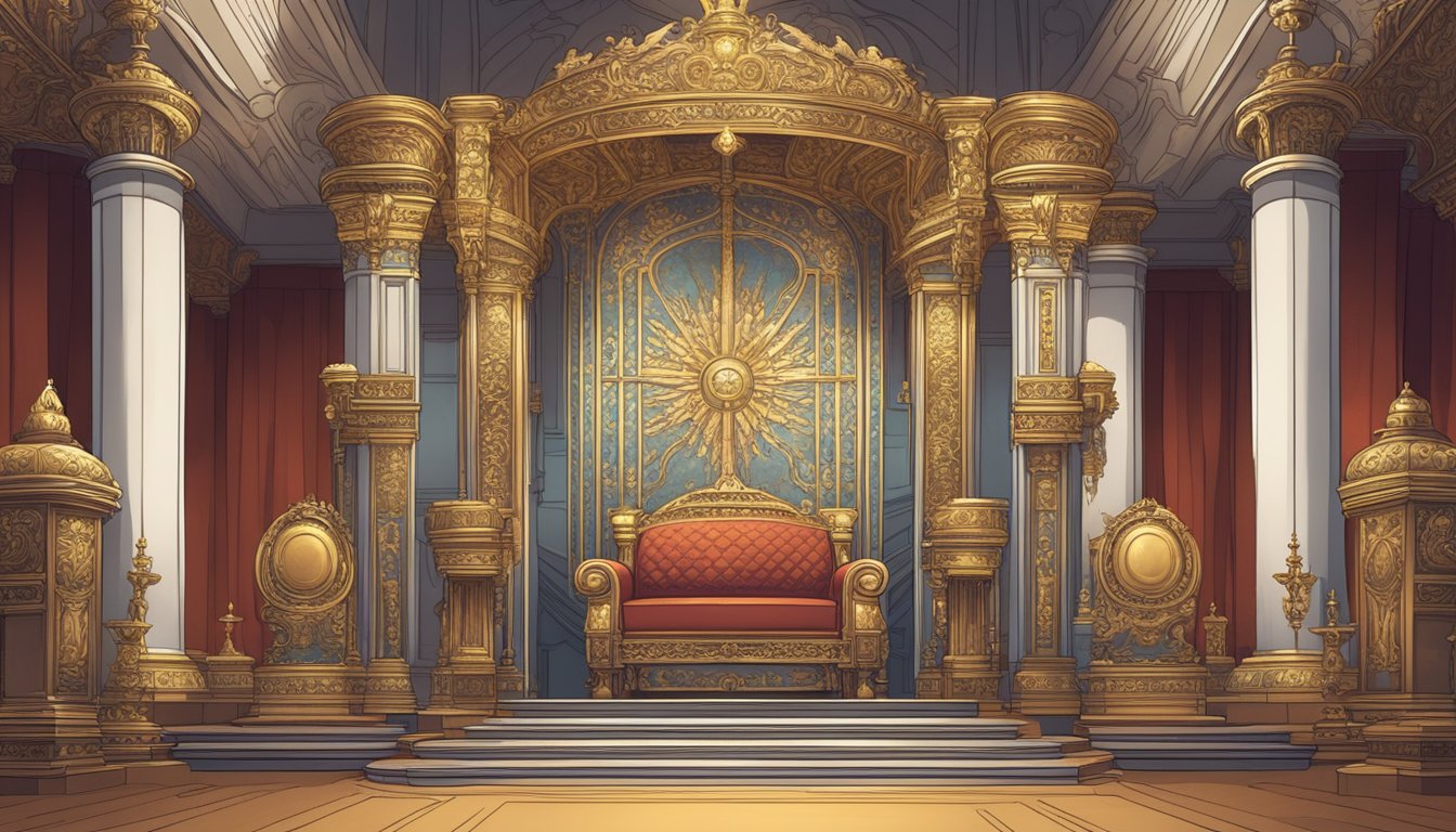 A grand and ornate throne surrounded by symbols of power and royalty, with a somber and regal atmosphere