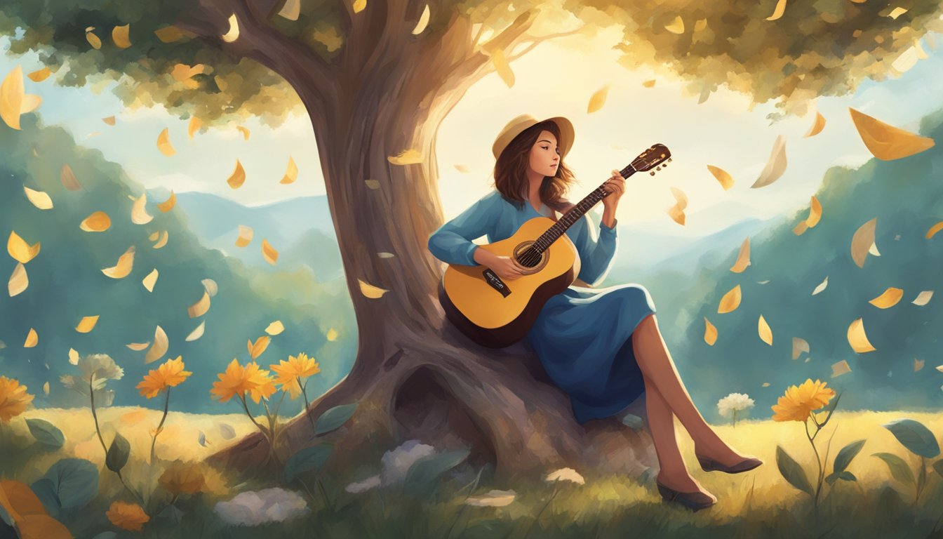 A young girl playing guitar under a tree, surrounded by nature and music notes floating in the air