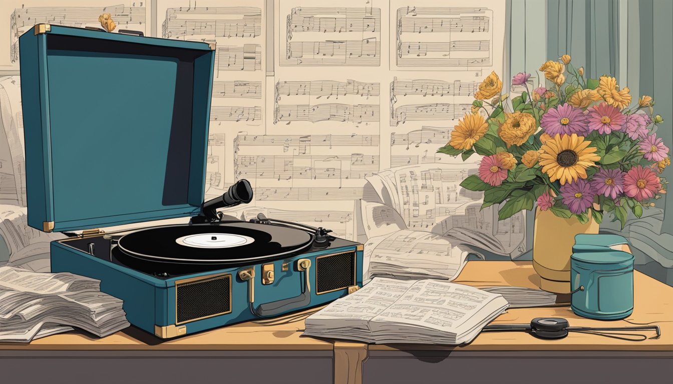 A spotlight shines on a microphone stand surrounded by scattered sheet music and a bouquet of flowers. A vintage record player sits nearby, playing Mama Cass's iconic music