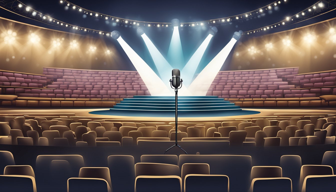 A spotlight illuminates a microphone on an empty stage, surrounded by a sea of empty seats