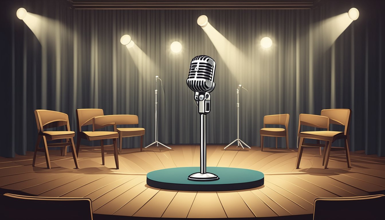 A vintage microphone stands alone on a dimly lit stage, surrounded by empty chairs and a single spotlight