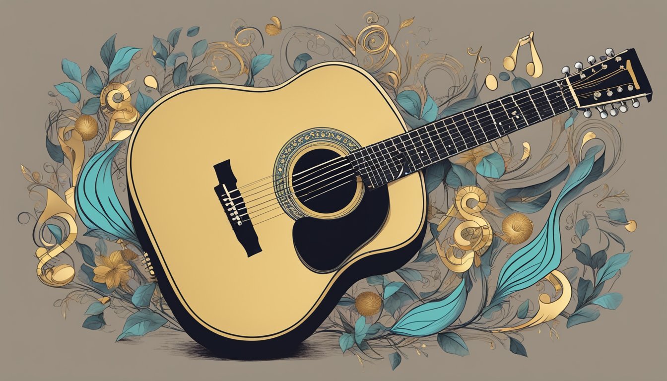 A guitar surrounded by musical notes and a microphone, symbolizing Nanci Griffith's legacy and influence, with a somber tone