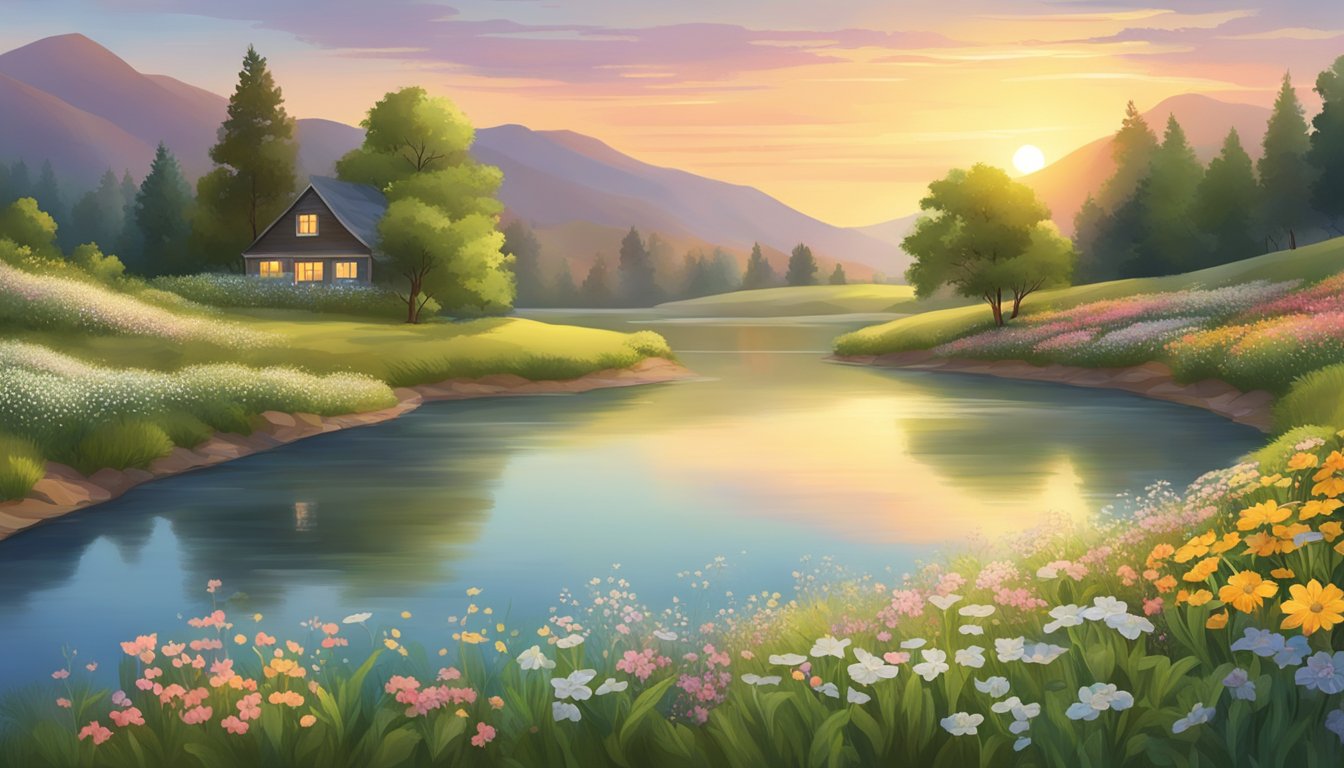 A peaceful countryside scene with a winding river, blooming wildflowers, and a serene sunset