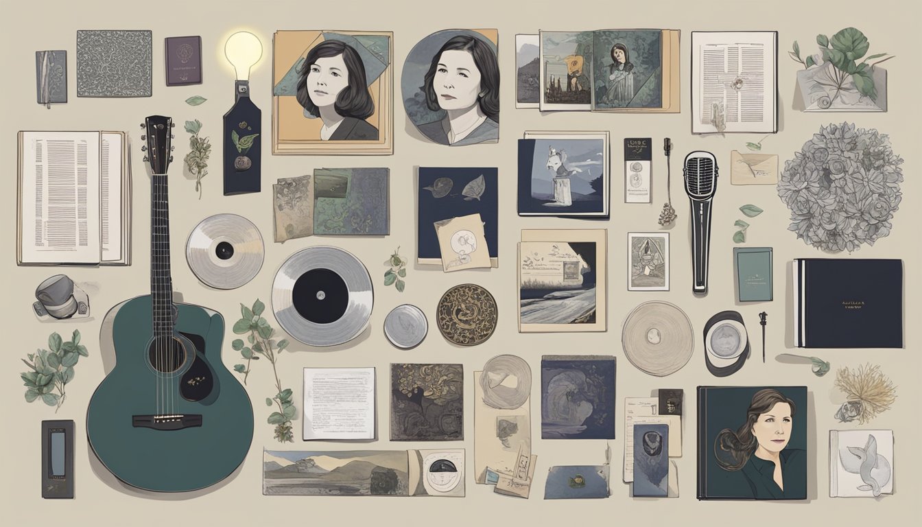 A collection of Nanci Griffith's albums surrounded by symbols of her life and music, with a spotlight on her final cause of death