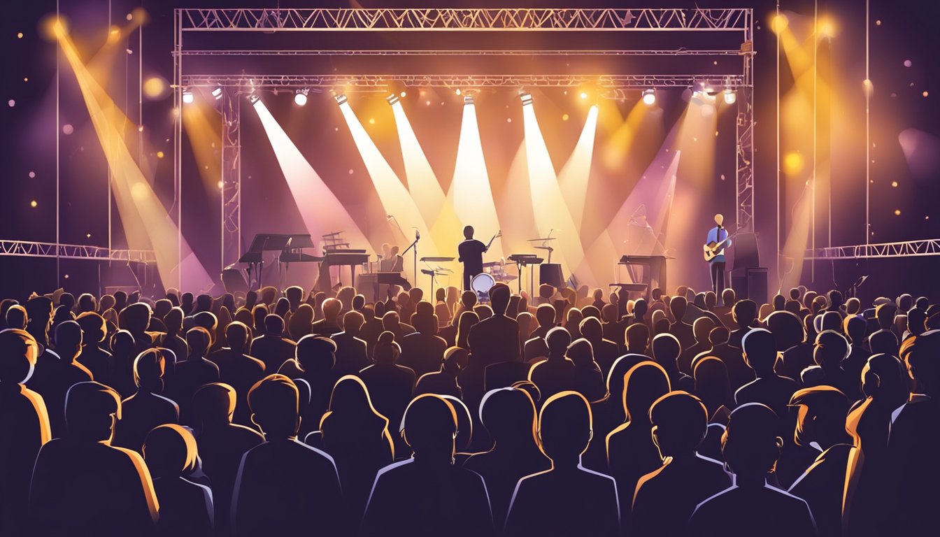 A stage with musical instruments and microphones set up for a performance, with spotlights shining down and a crowd of people gathered to watch