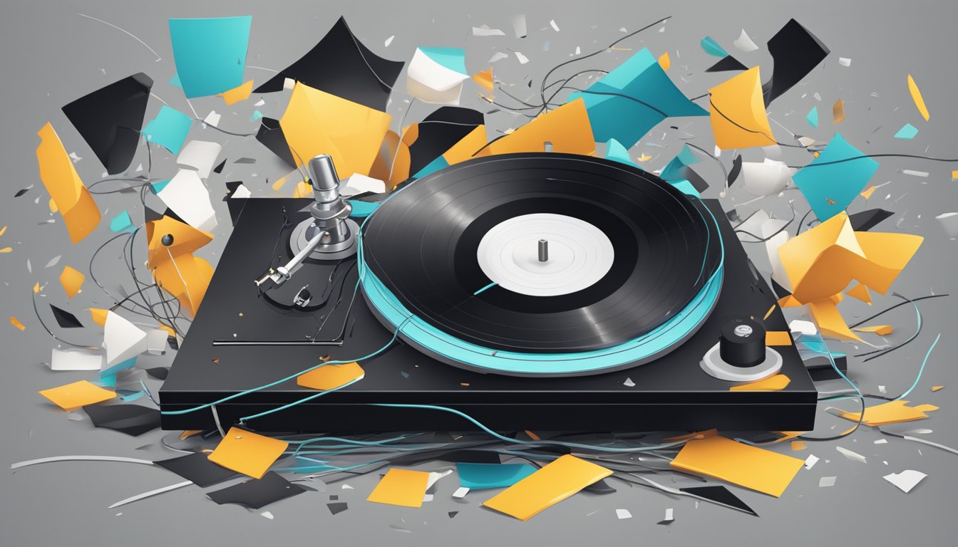 A broken record spinning on a turntable, surrounded by shattered vinyl pieces and a tangle of wires