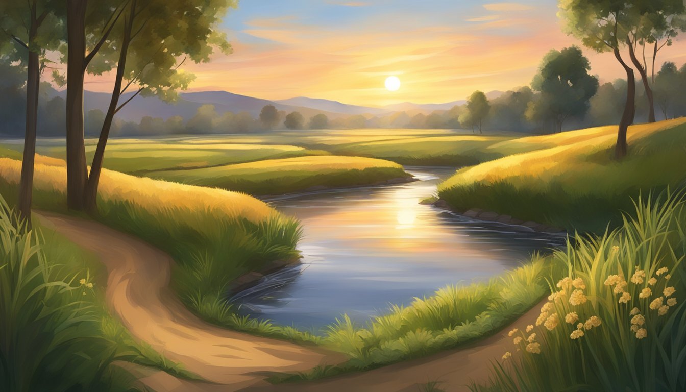 A peaceful countryside with a winding river, tall grass, and a setting sun casting a warm glow over the landscape