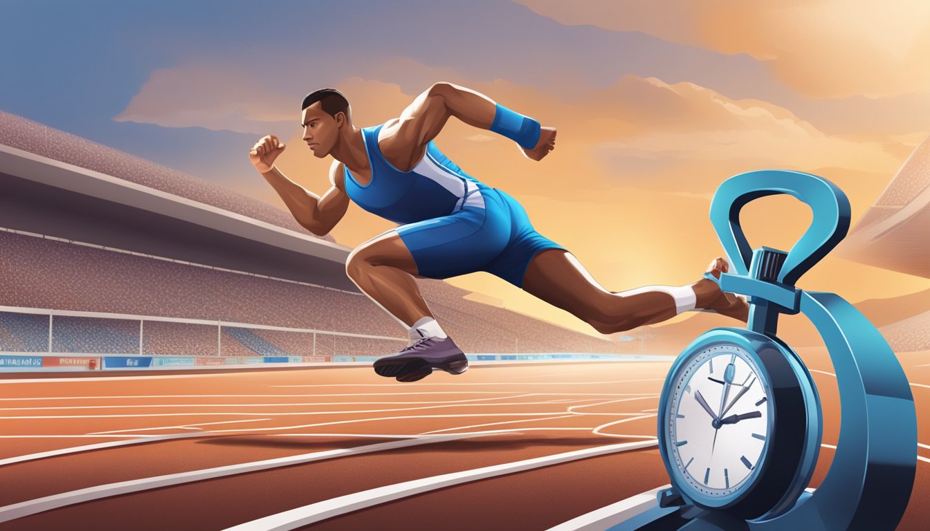 A track with a sprinter's starting blocks and a stopwatch frozen in time