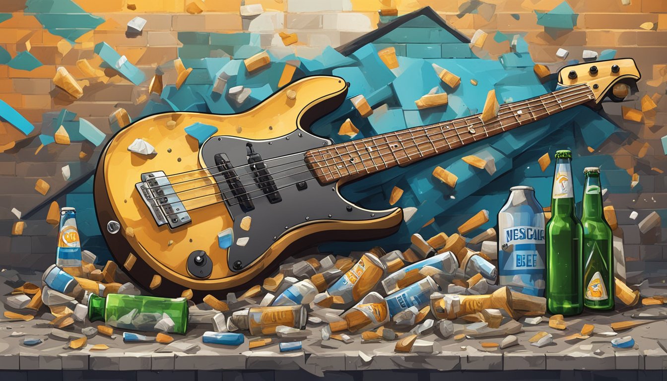 A broken bass guitar lying on a graffiti-covered stage, surrounded by empty beer bottles and cigarette butts