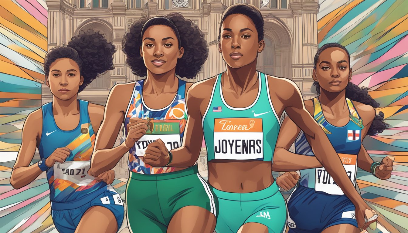 A track with a finish line and a stopwatch, surrounded by images of Florence Joyner's iconic running outfits and medals