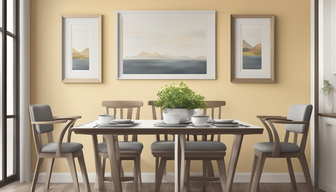 A dining table set for four, with empty chairs and a single place setting askew. A framed family photo on the wall