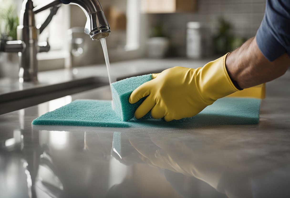 A Hand Pours Quartz Stone Cleaner Onto A Dirty Countertop, Scrubbing With A Brush