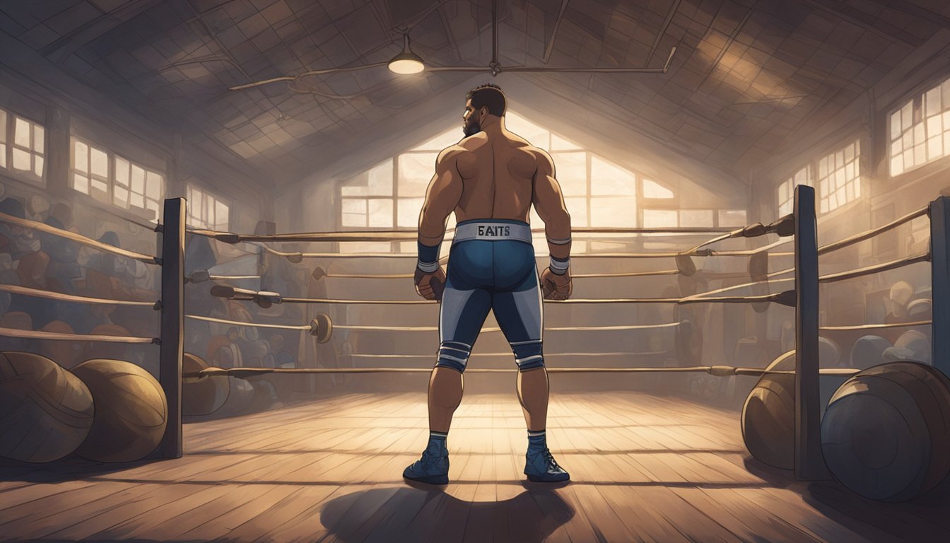 A young wrestler trains in a dimly lit gym, surrounded by old equipment and faded posters of wrestling legends