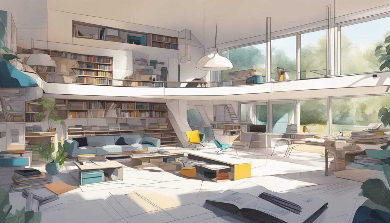 Zaha Hadid's childhood home and school, with books, sketches, and architectural models scattered around. A bright, creative space with a sense of ambition and potential