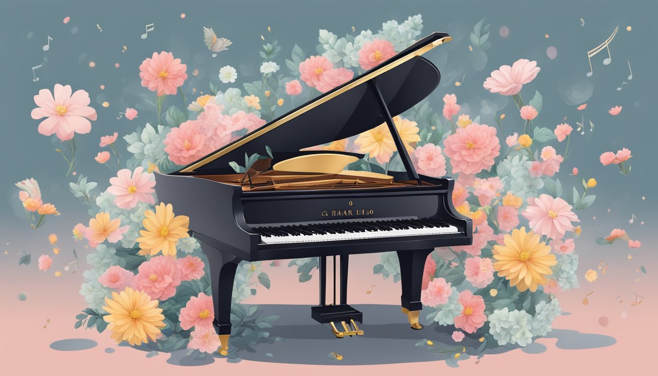 A grand piano surrounded by blooming flowers and musical notes floating in the air